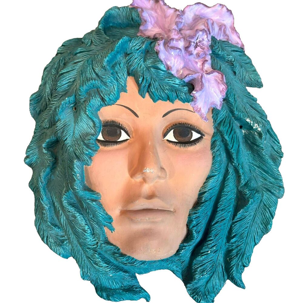 Hand painted native American wall mask purple flowers in feathers